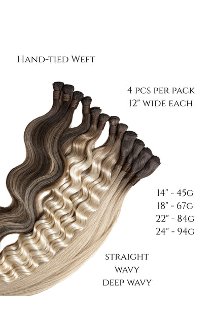 Hand-tied Weft - 4 pcs per pack, 12" wide each, 14" - 45g, 18" - 67g, 22" - 84g, 24" - 94g