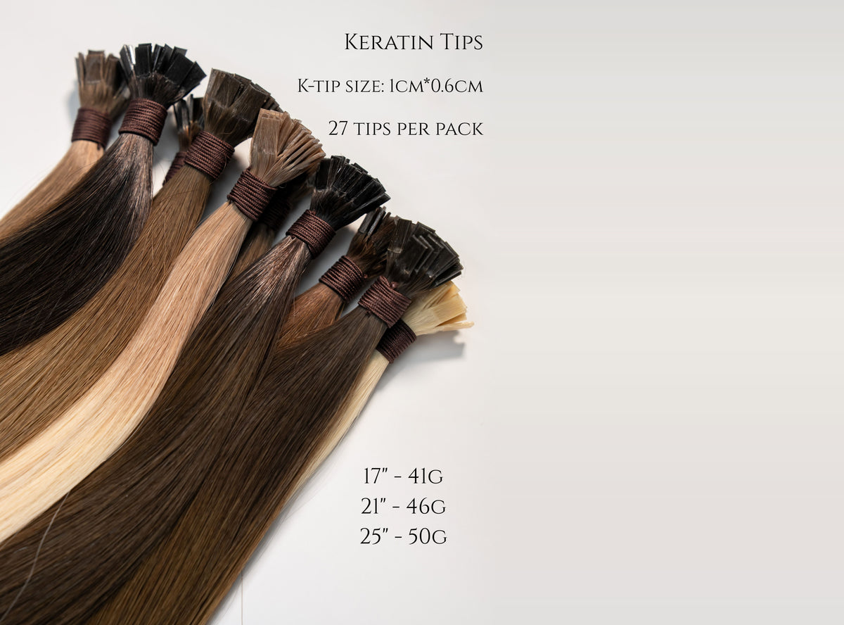 Keratin Tips - K-tip size 1cm*0.6cm, 27 tips per pack, 17" - 41g, 21" - 46g, 25" - 50g